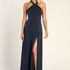 Lulu’s navy blue satin formal maxi dress